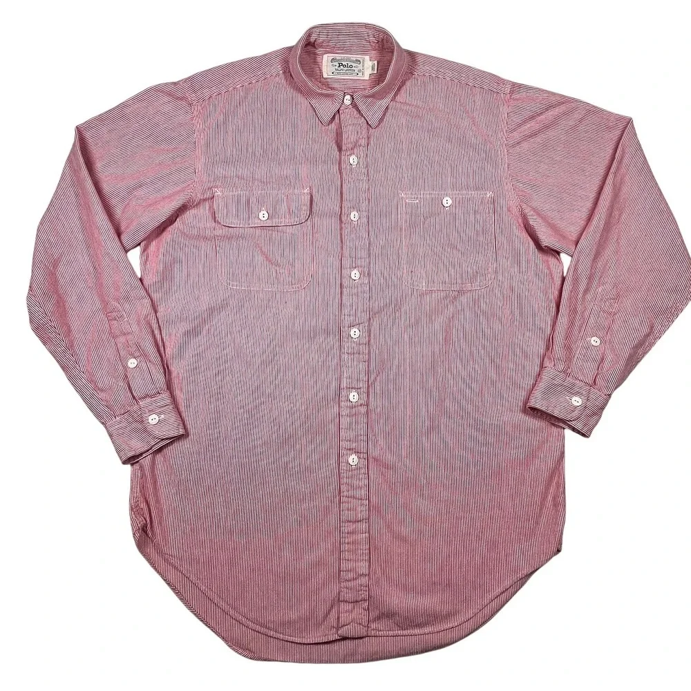 Polo Ralph Lauren Button Down Mens M Red Hickory Stripe Shirt Long Sleeve *Flaw